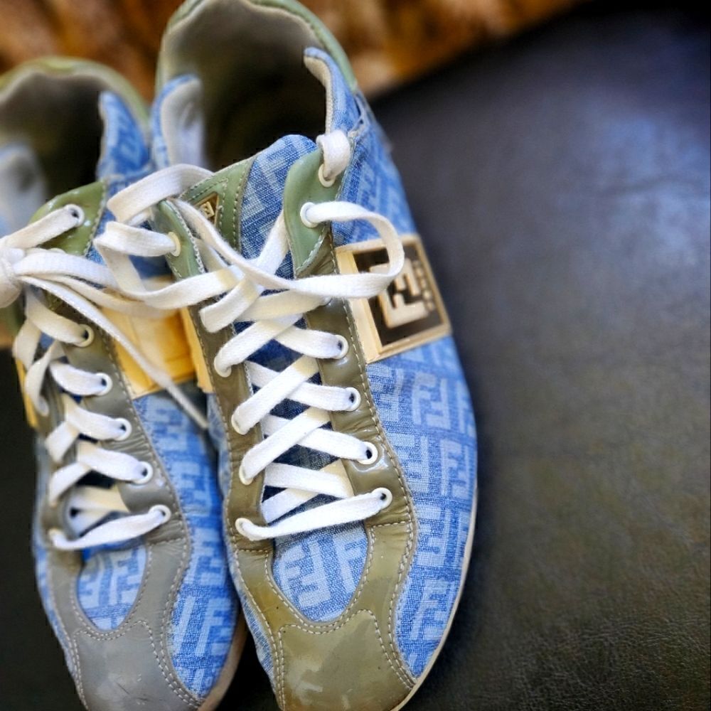 Authentic Fendi FF Logo Blue Canvas and Leather Women's  Sneakers - Picture 6 of 12